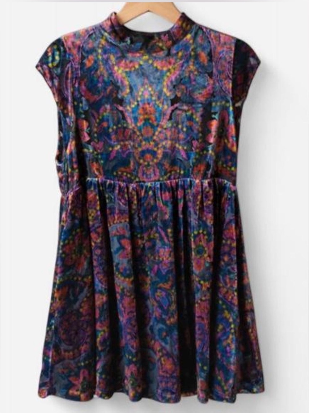 Free People All The Time Purple Paisley Mock-Neck Cap-Sleeve Mini Dress